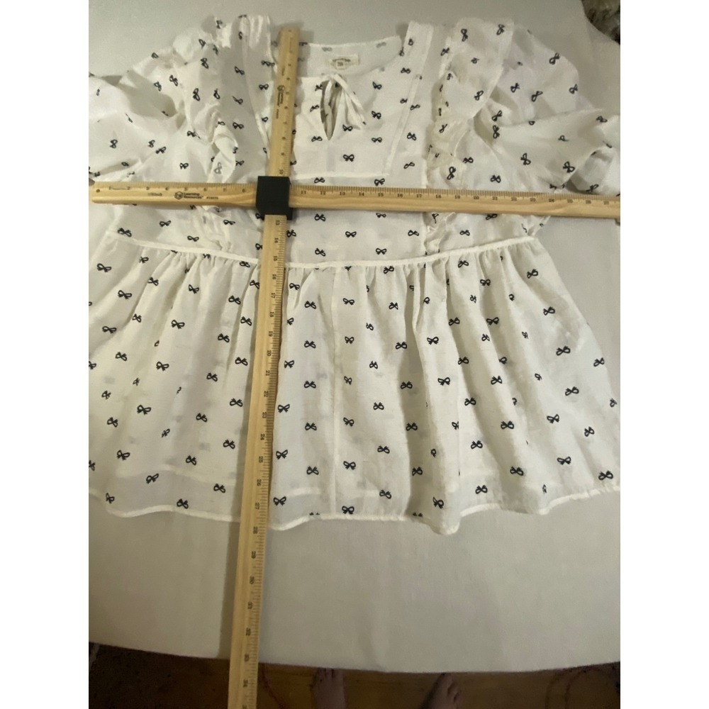 Umgee Womens 1XL Ivory Black Bow Print Ruffle Babydoll Blouse Puff Sleeve Top - Picture 6 of 8